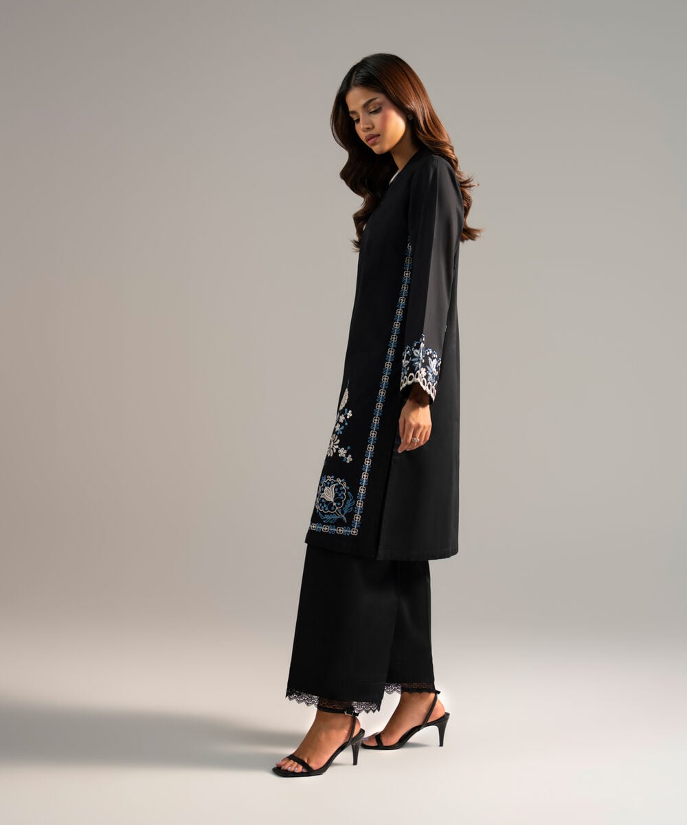 Women's RTW Crosshatch Embroidered Black Straight Shirt
