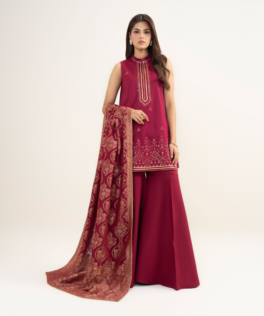 Women's Unstitched Dobby Embroidered Red 3 Piece Suit