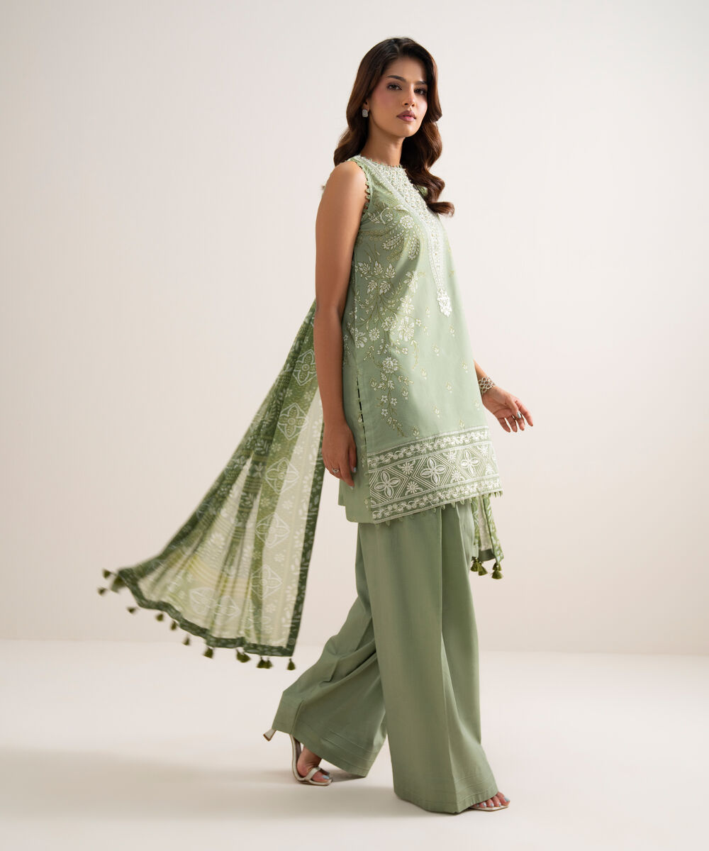 Women's Unstitched Lawn Embroidered Green 3 Piece Suit