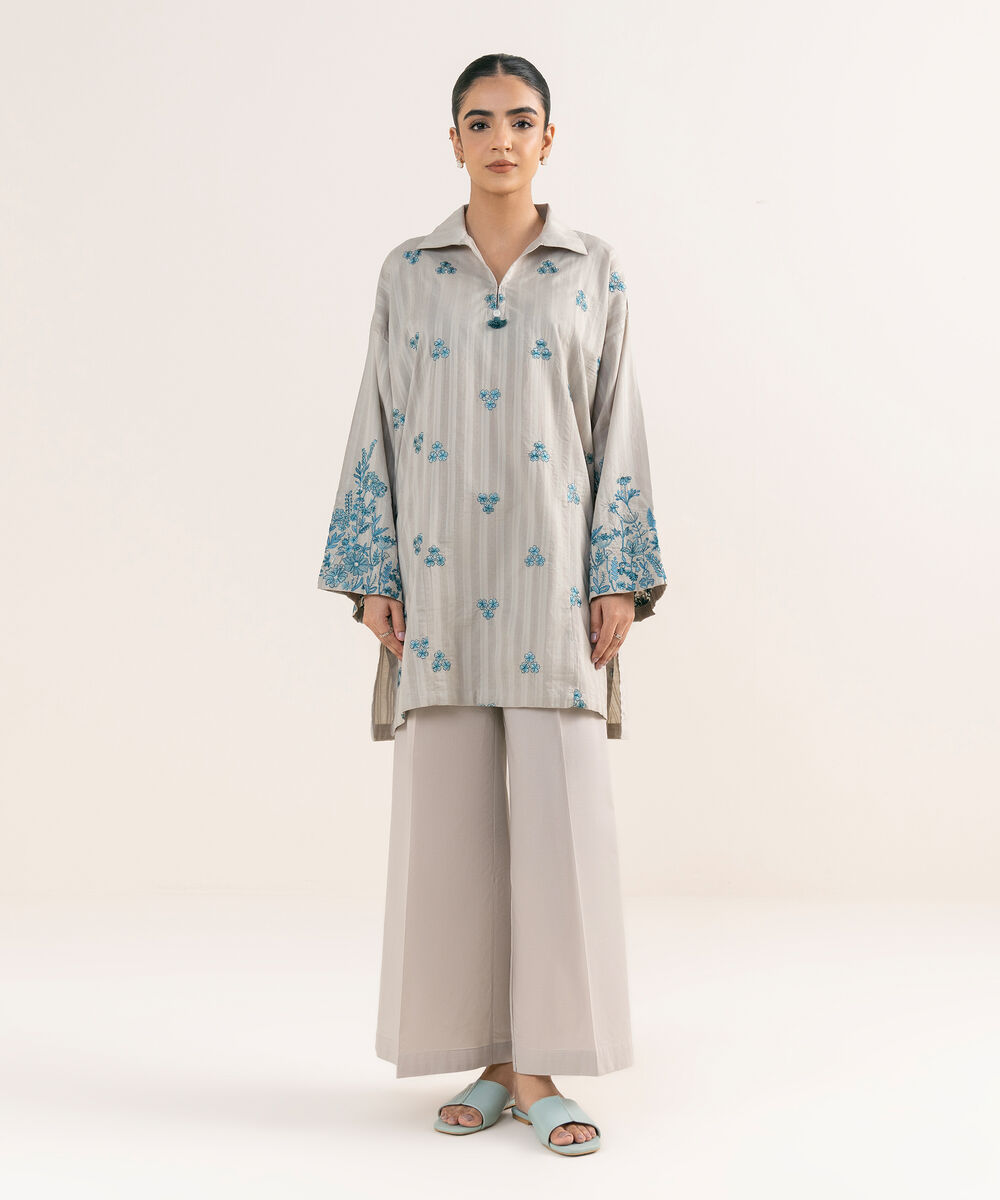 Women's RTW Textured Lawn Grey Embroidered Drop Shoulder Shirt
