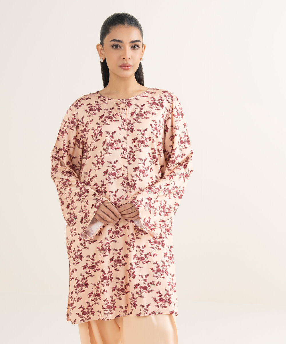 Women's RTW Bedford Printed Peach Straight Shirt