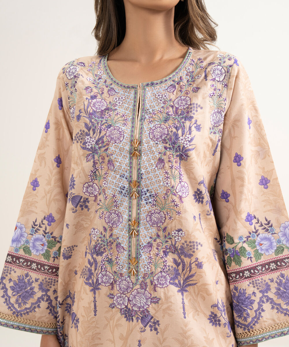 Women's RTW Zari Cotton Embroidered Peach A-Line Shirt