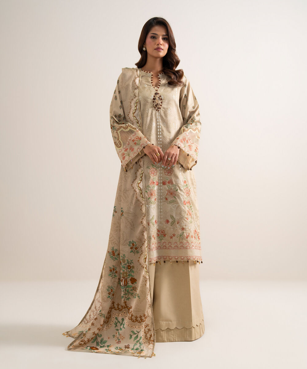 Women's Unstitched Lawn Embroidered Beige 3 Piece Suit
