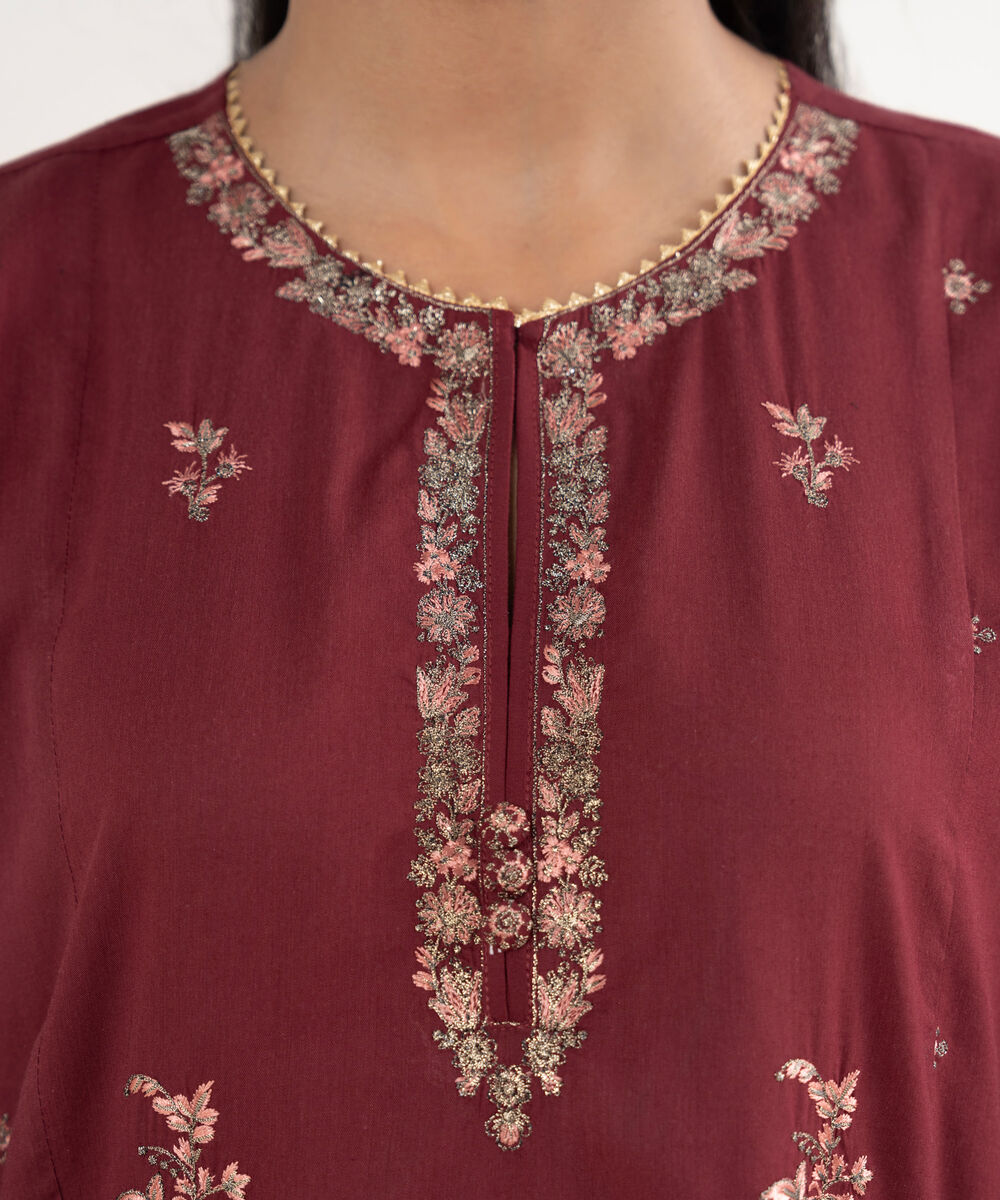 Women's RTW Cotton Viscose Embroidered Red A-Line Shirt