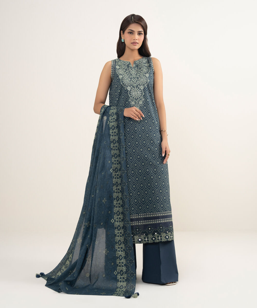 Women's Unstitched Lawn Embroidered Blue 3 Piece Suit