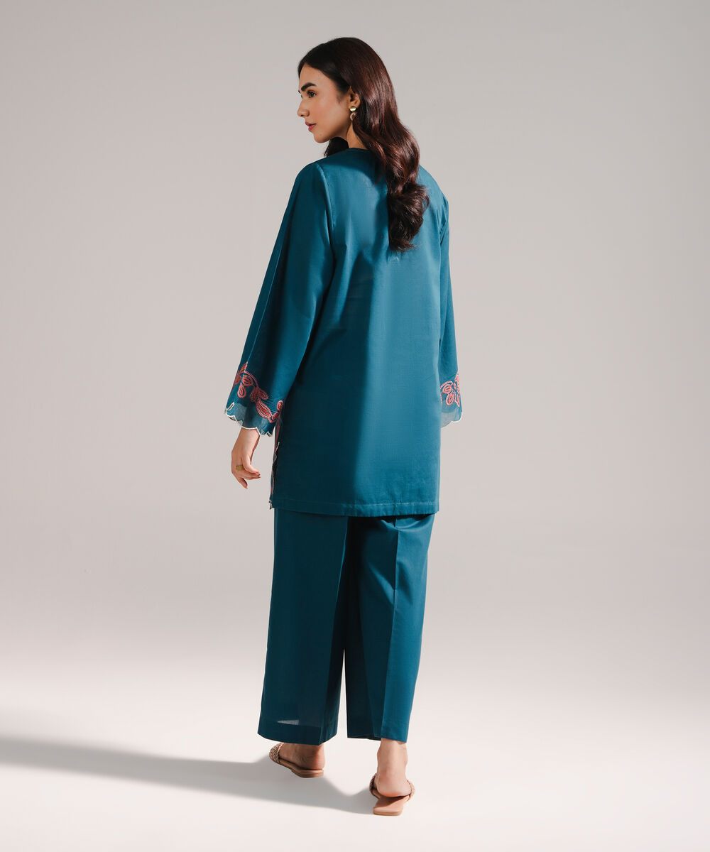 Women's RTW Cross Hatch Embroidered Teal Straight Shirt