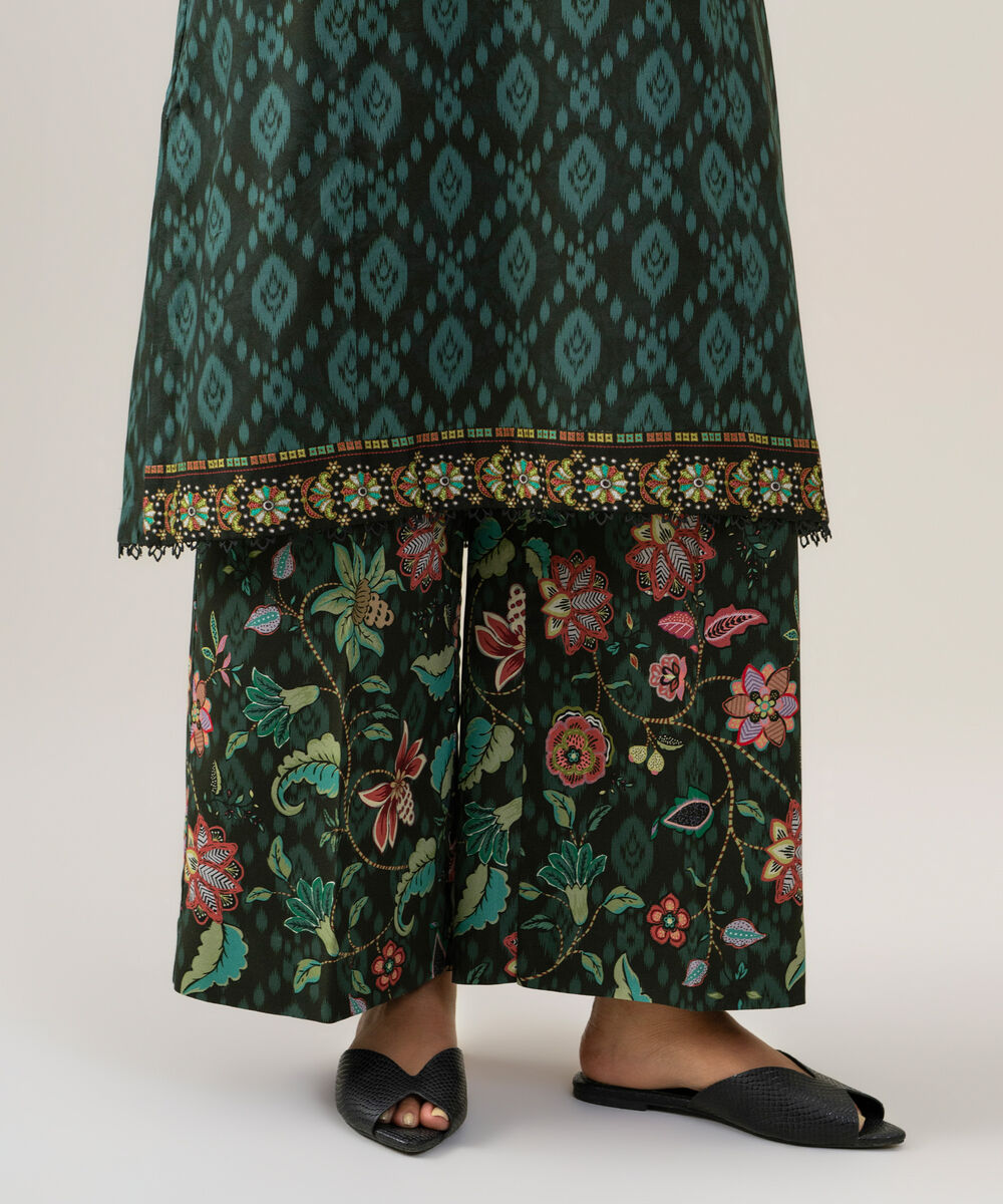 Women's Unstitched Linen Printed Teal Green 2 Piece Suit