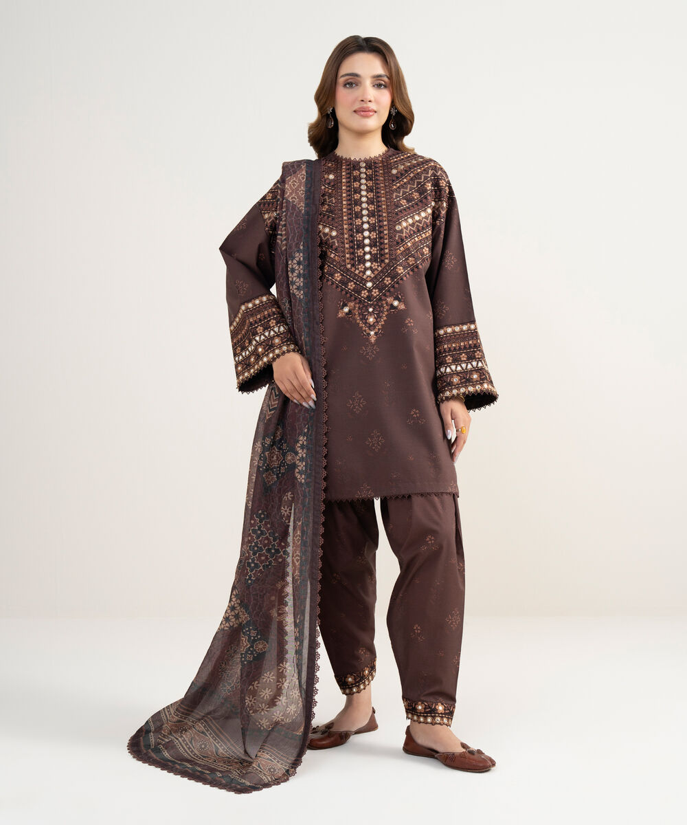 Women's Unstitched Lawn Embroidered Brown 3 Piece Suit