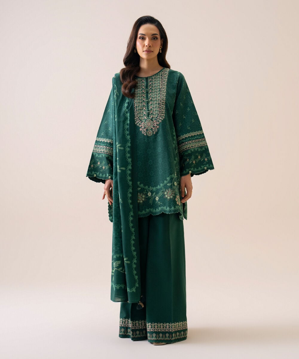 Women's Unstitched Light Khaddar Embroidered Green 3 Piece Suit