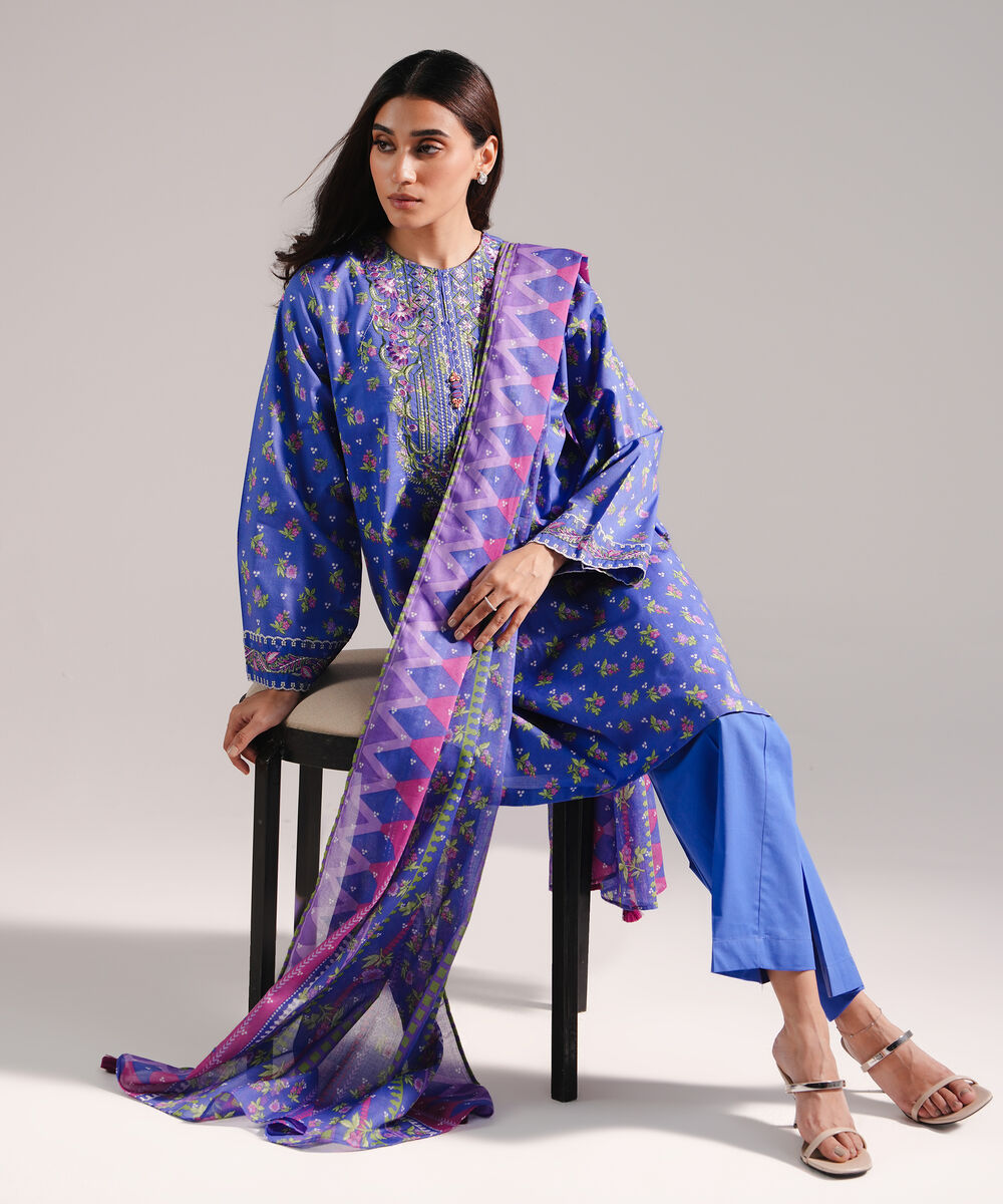 Women's RTW Lawn Printed Blue 3 Piece Suit
