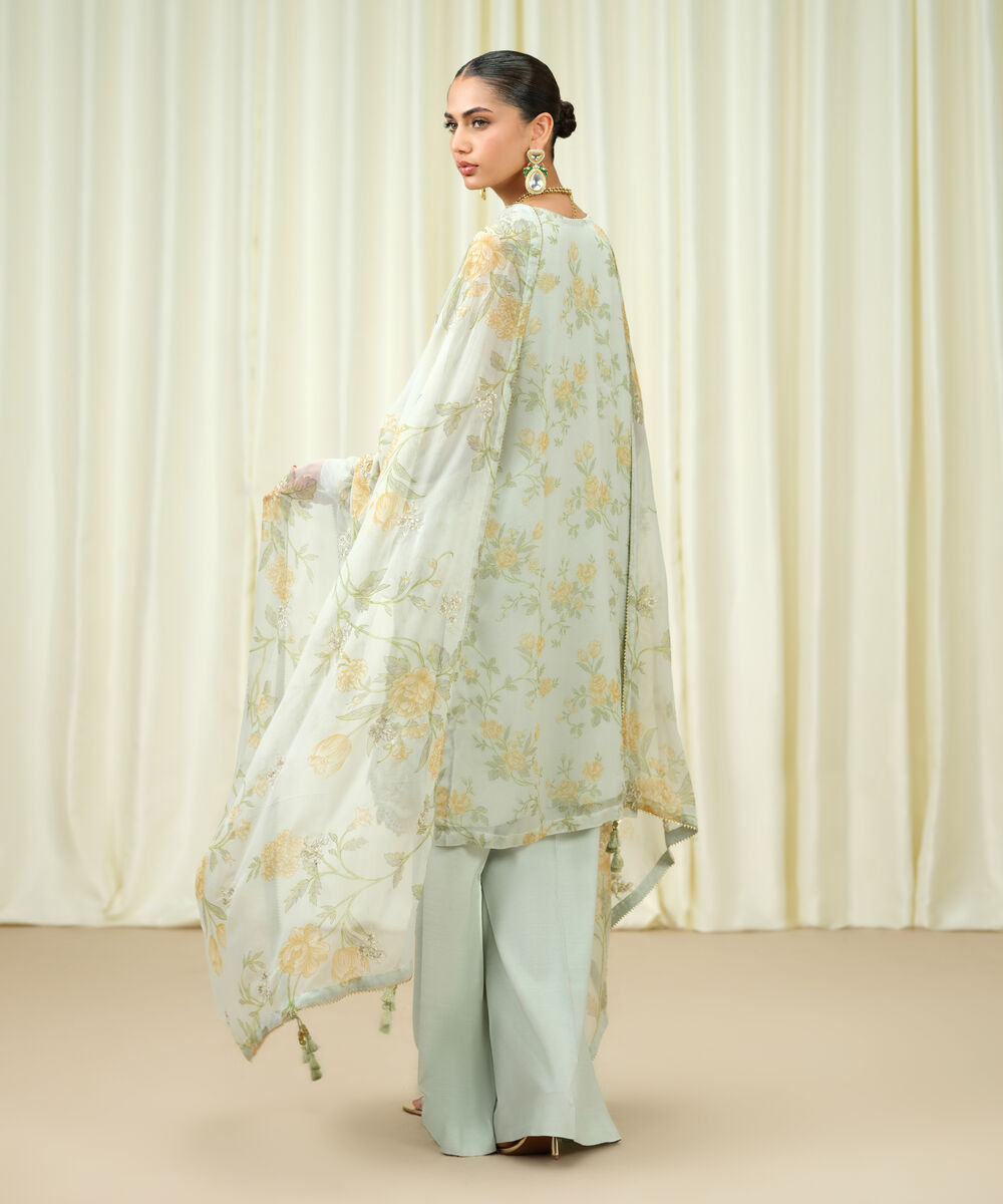 Women's Unstitched Blended Chiffon Embroidered Blue 3 Piece Suit