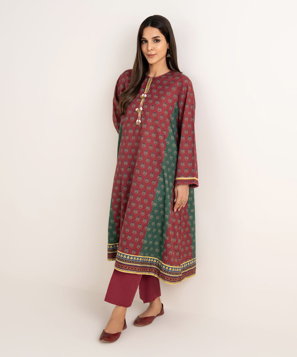 Women's RTW Cambric Maroon Printed A-Line Shirt