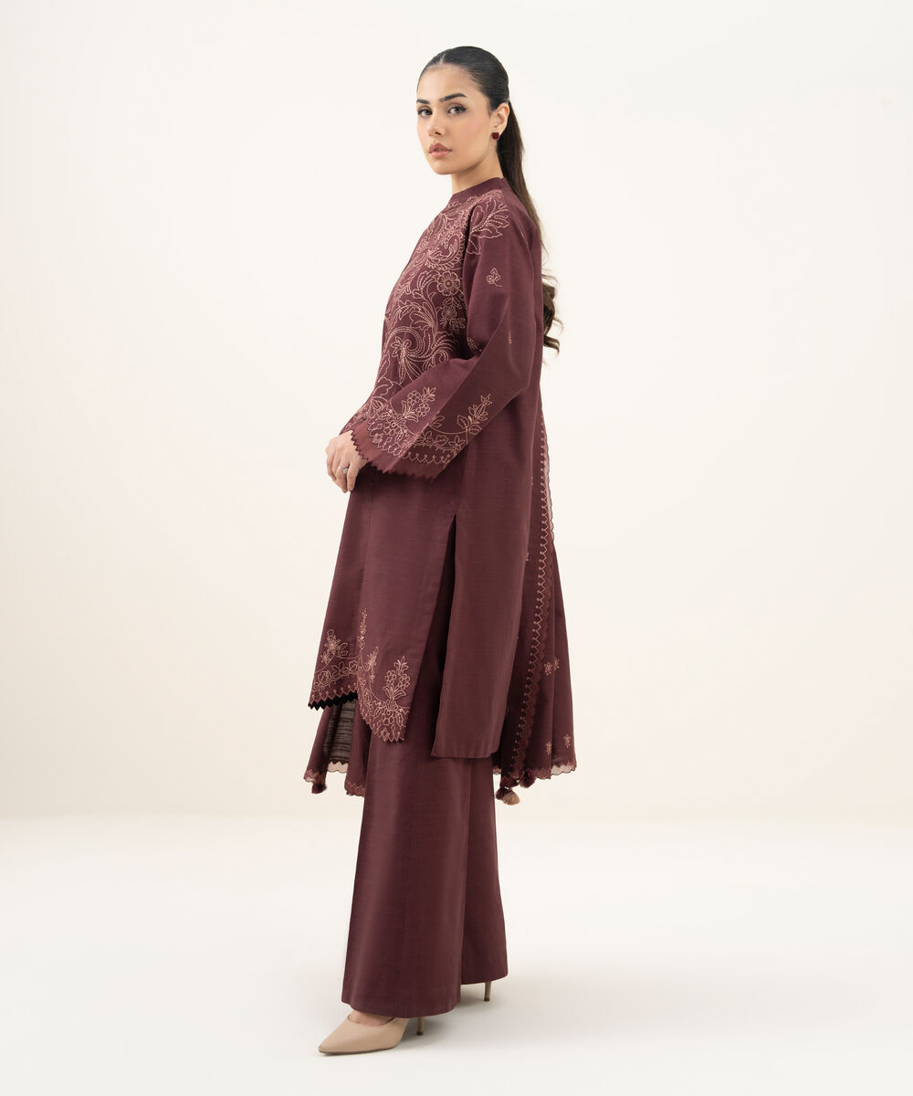 Women's Unstitched Embroidered Khaddar Maroon 3 Piece Suit