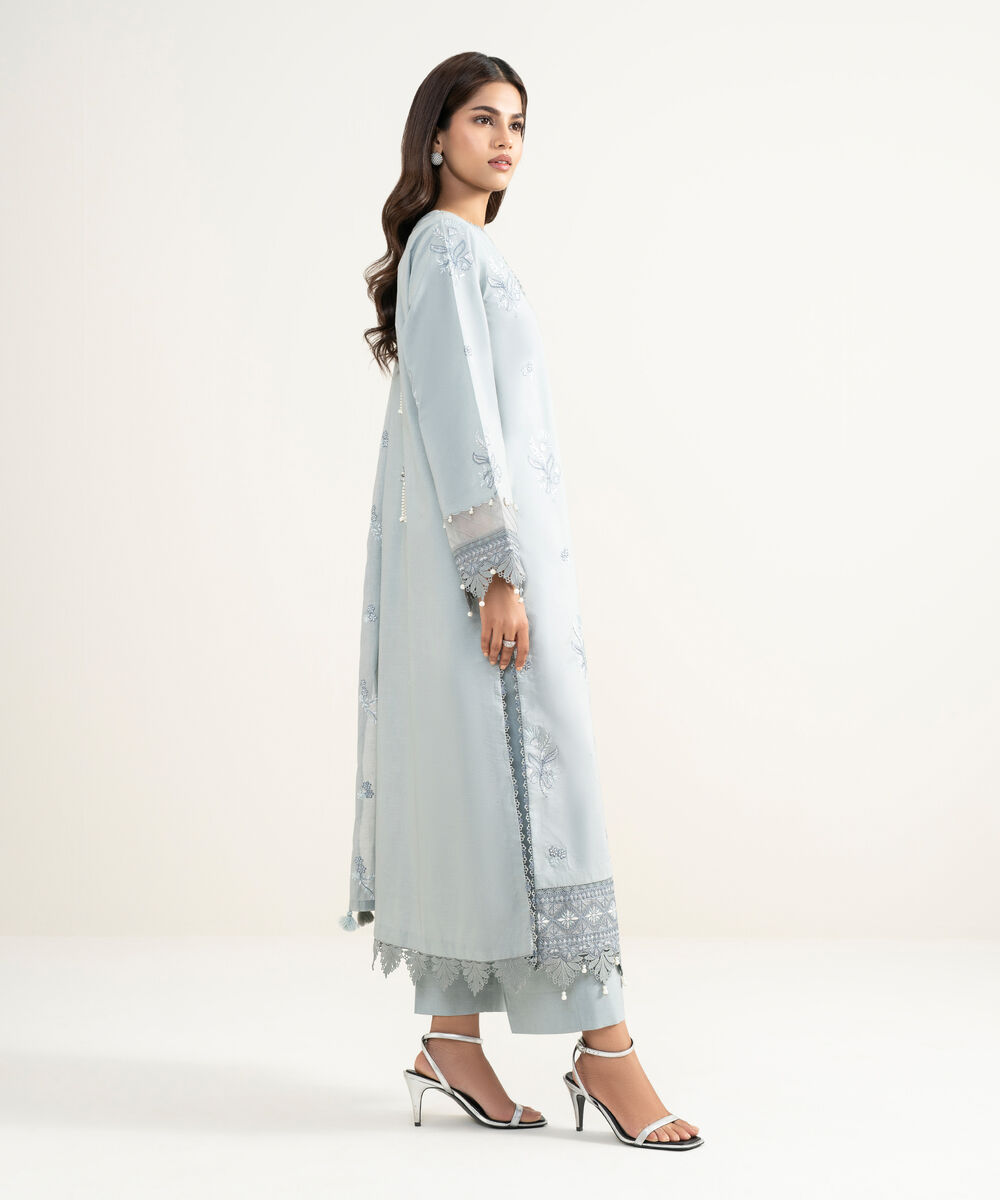 Women's Unstitched Textured Lawn Embroidered Grey 3 Piece Suit