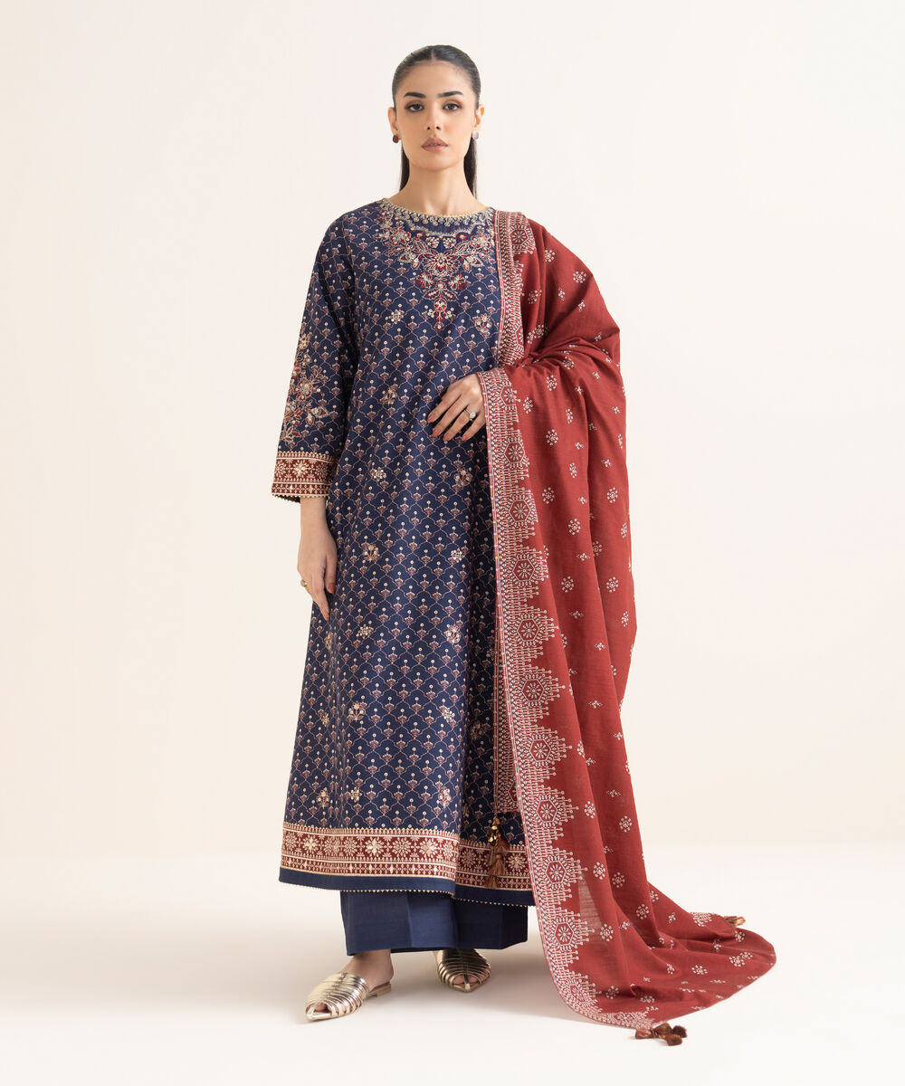 Women's Unstitched Embroidered Khaddar Blue 3 Piece Suit