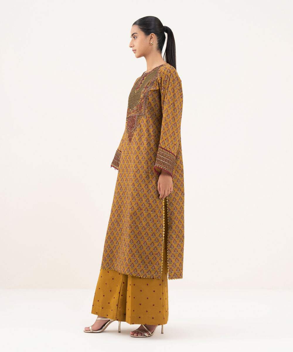 Women's RTW Textured Lawn Mustard Embroidered A-Line Shirt