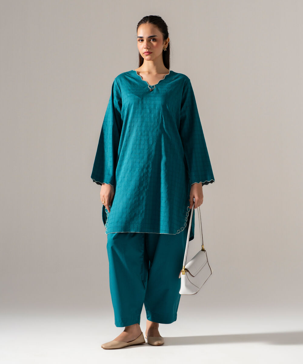 Women's RTW 3D dobby Solid Teal Straight Shirt