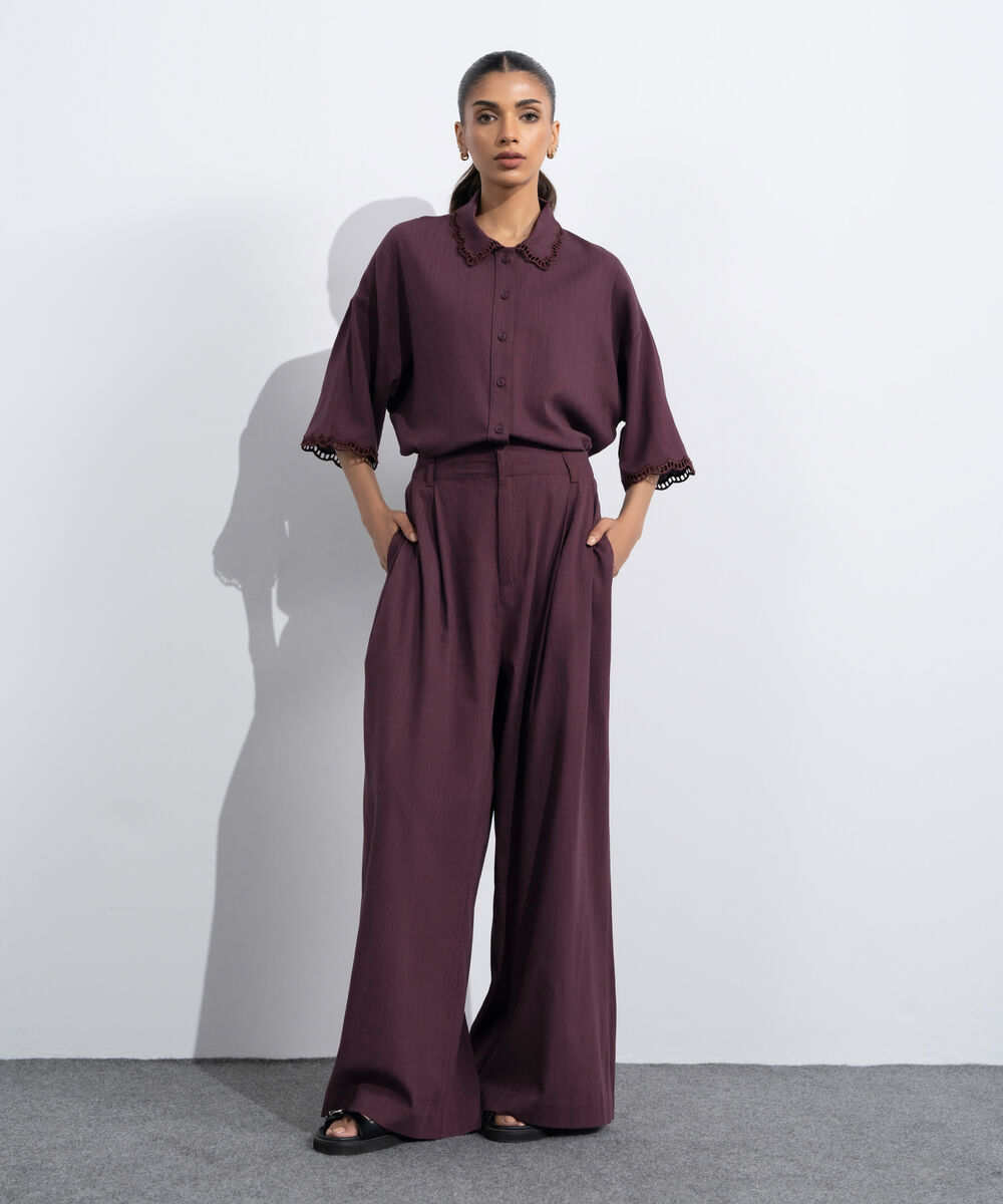 Women's Western Maroon Wide-Leg Pleated Trousers