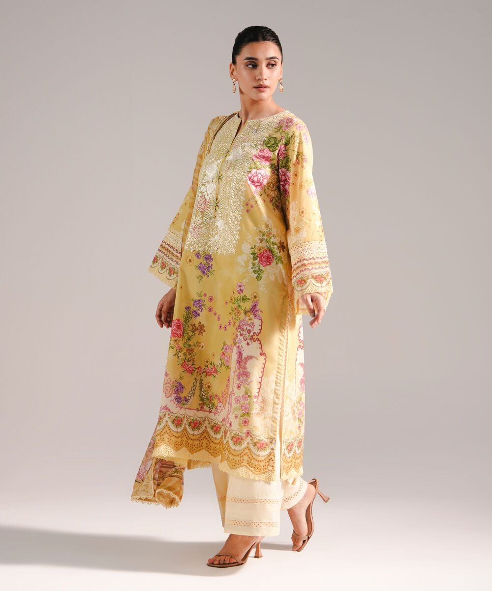 Women's RTW Lawn Embroidered Yellow 3 Piece Suit