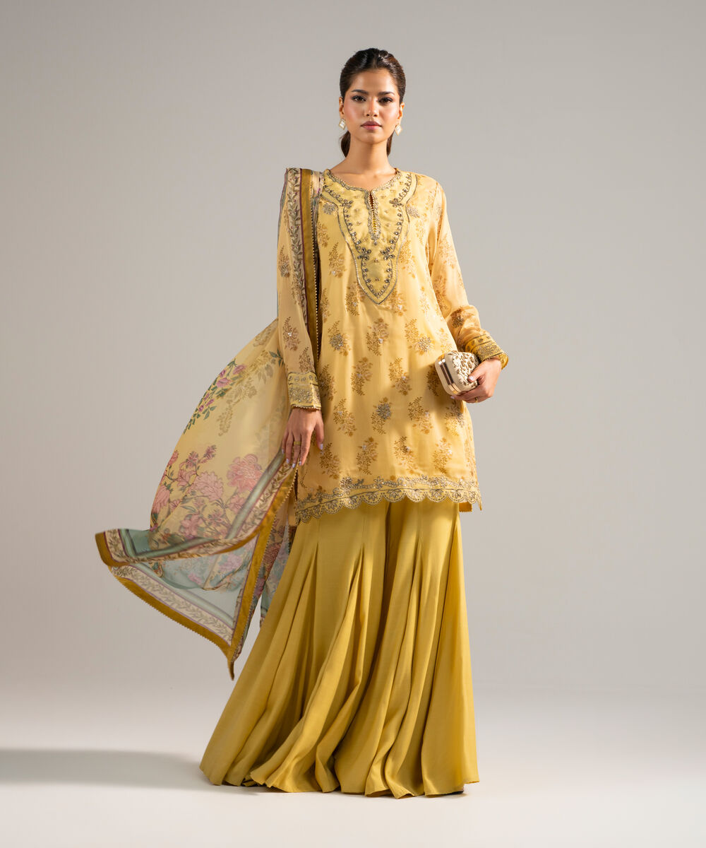 Women's RTW Chiffon Embroidered Yellow 3 Piece Suit