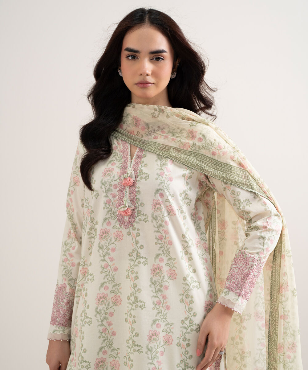Women's Unstitched Lawn Embroidered Off White 3 Piece Suit