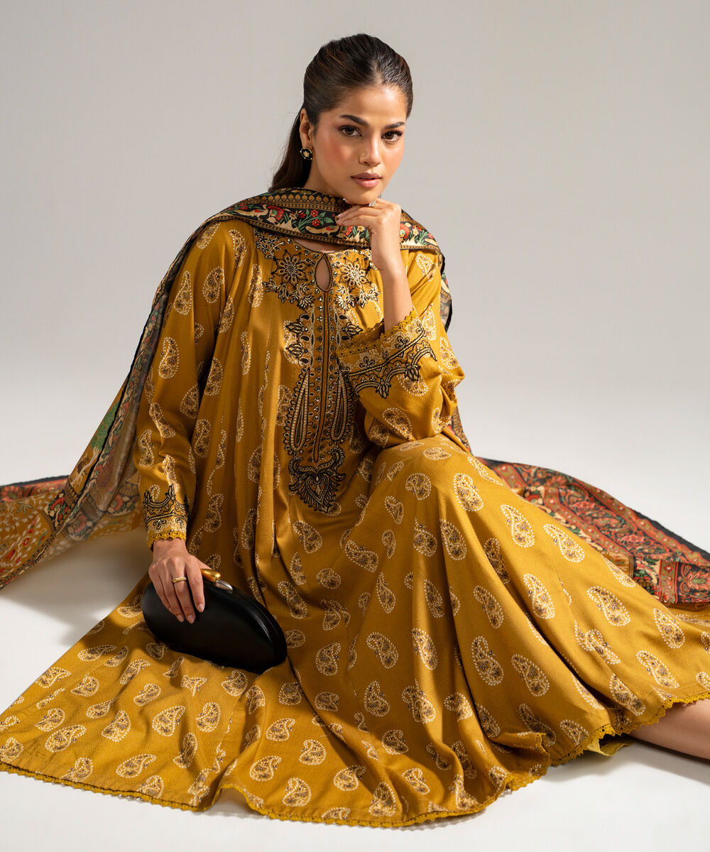 Women's RTW Arabic Dobby Embroidered Mustard Brown 3 Piece Suit