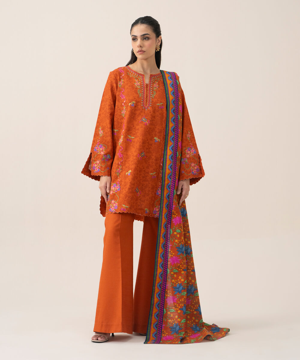 Women's Unstitched Lawn Embroidered Burnt Orange 3 Piece Suit