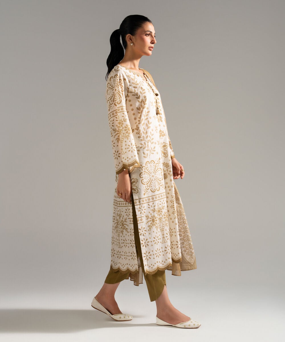 Women's RTW Slub Lawn Printed Off White 3 Piece Suit