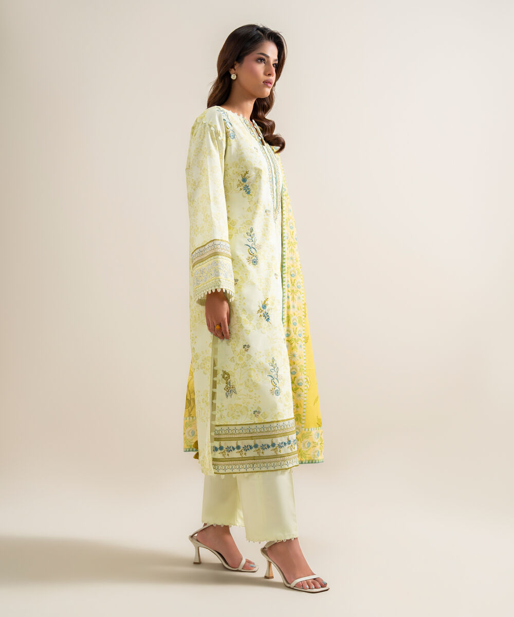 Women's Unstitched Lawn Embroidered Yellow  3 Piece Suit
