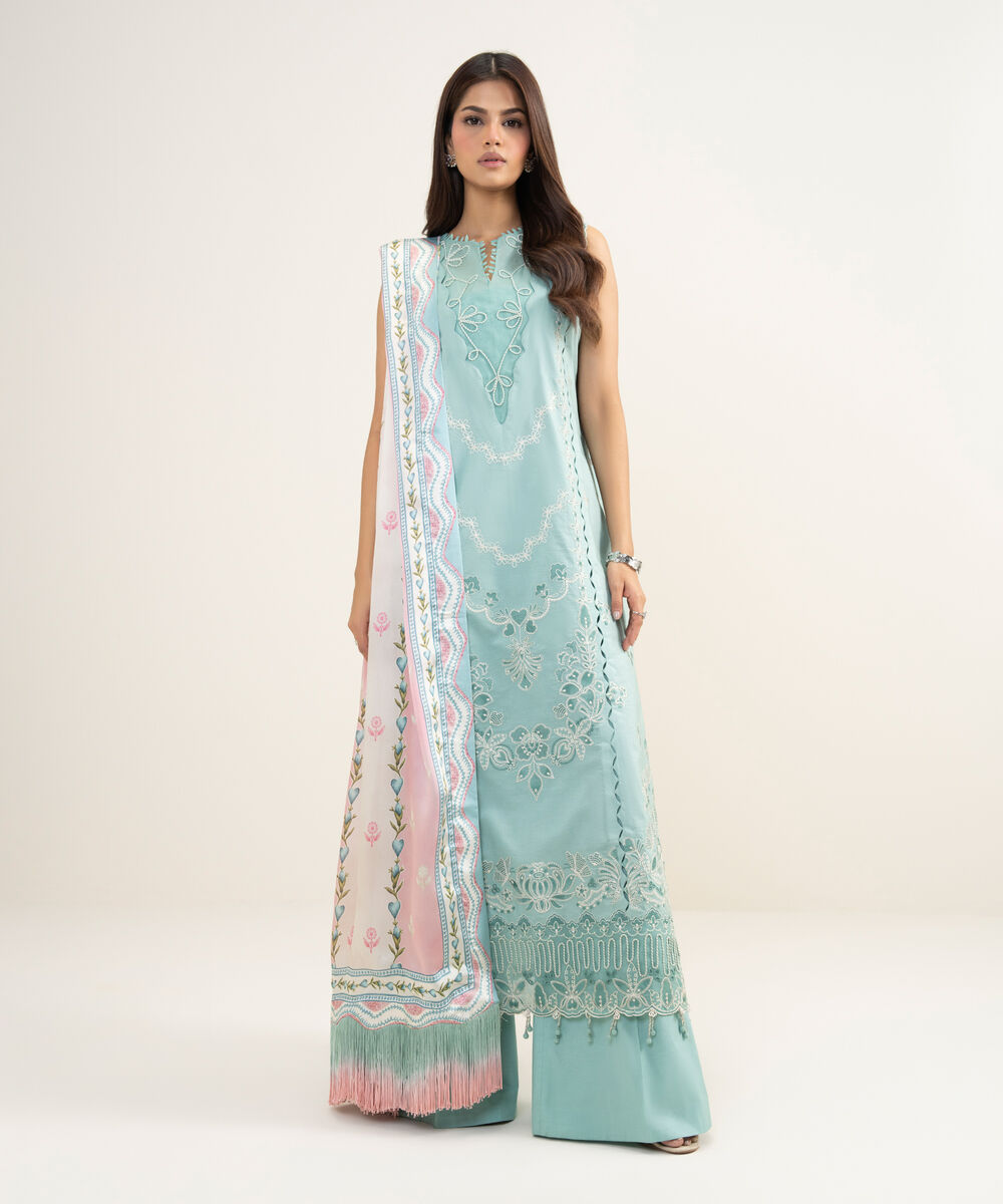 Women's Unstitched Textured Lawn Embroidered Blue 3 Piece Suit