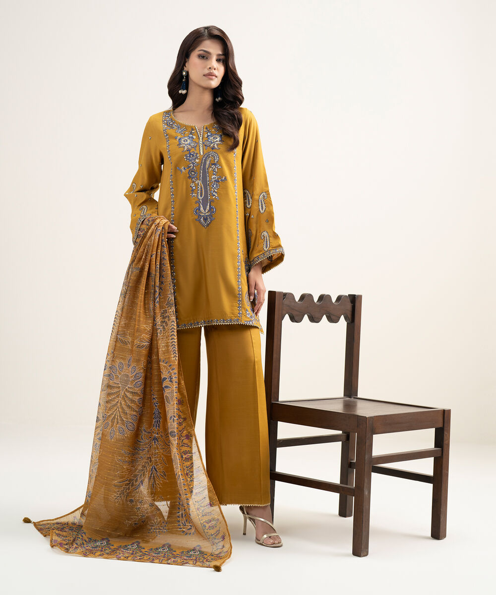 Women's RTW Viscose Raw Silk Embroidered Mustard Brown 3 Piece Suit