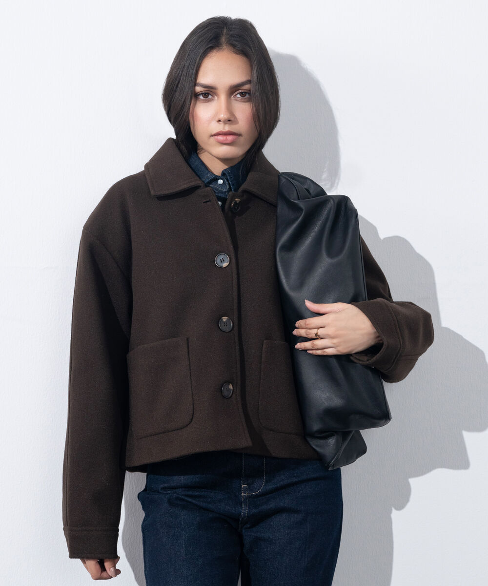 Women's Western Wear Brown Short Woollen Effect Coat