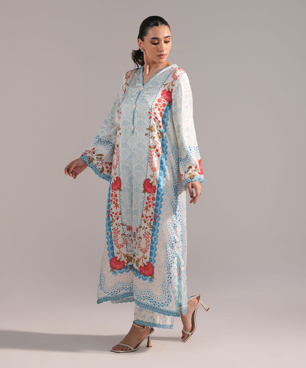 Women's RTW Blended Satin Printed Blue 2 Piece Suit