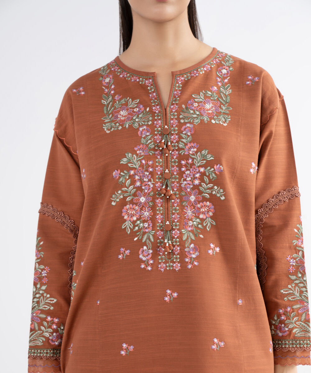 Women's Unstitched Cotton Embroidered Brown 3 Piece Suit