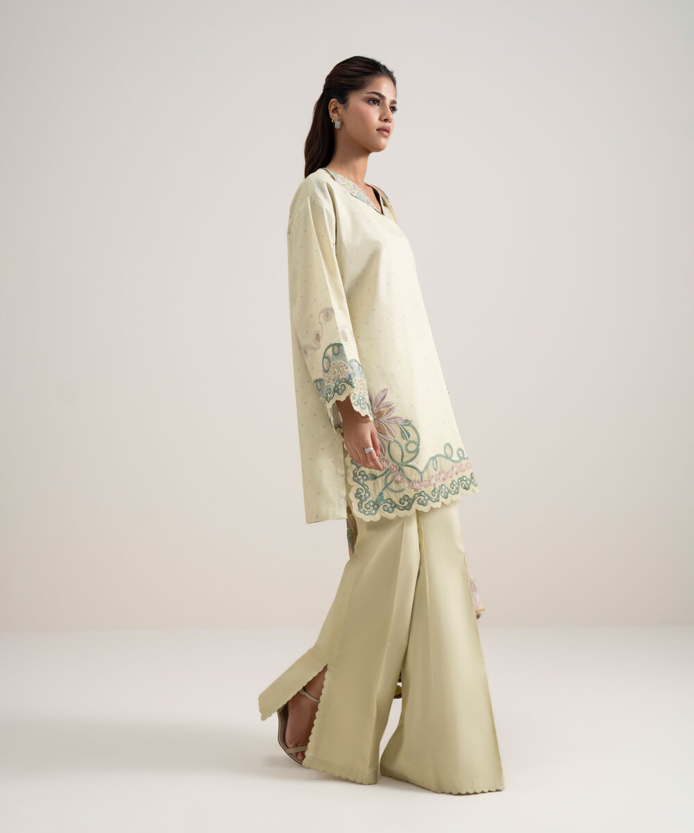 Women's Unstitched Dobby Embroidered Light Yellow 3 Piece Suit