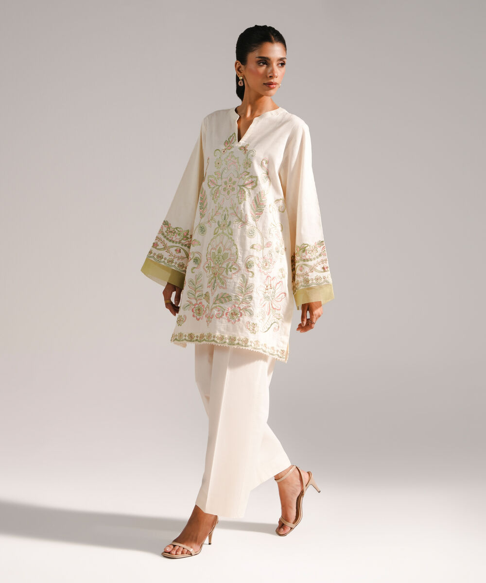 Women's RTW Dobby Embroidered Straight Off White Shirt