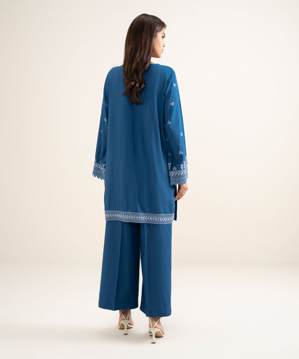 Women's RTW Cotton Viscose Embroidered Blue Straight Shirt