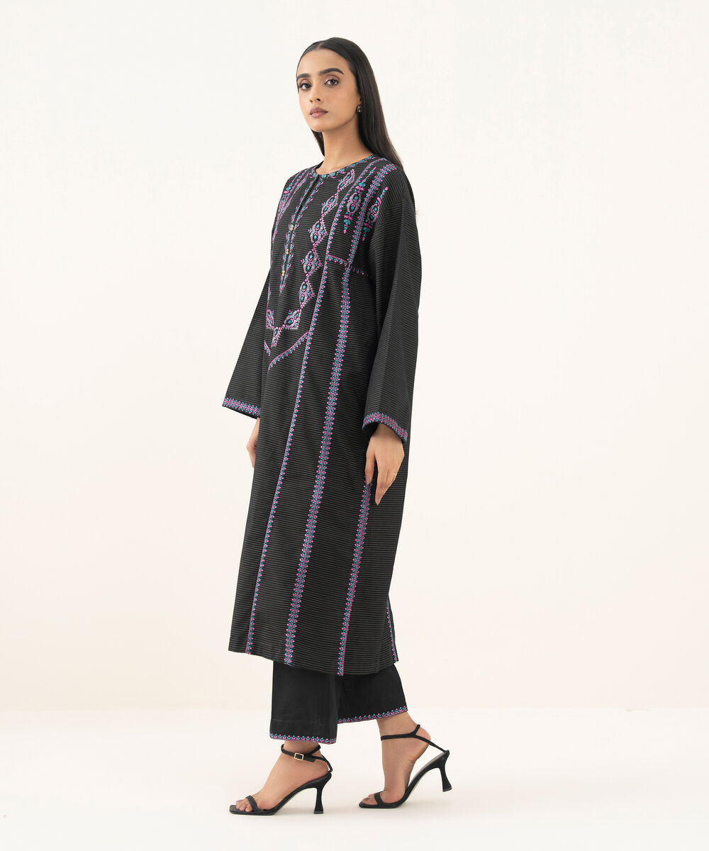 Women's RTW Light Khaddar Embroidered A-Line Black Shirt