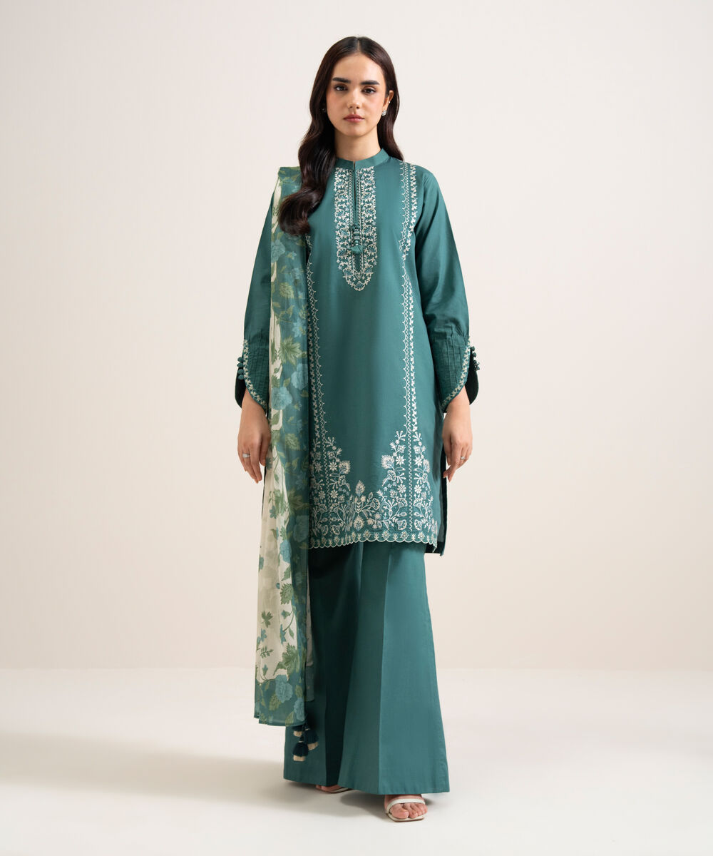 Women's Unstitched Lawn Embroidered Teal 3 Piece Suit