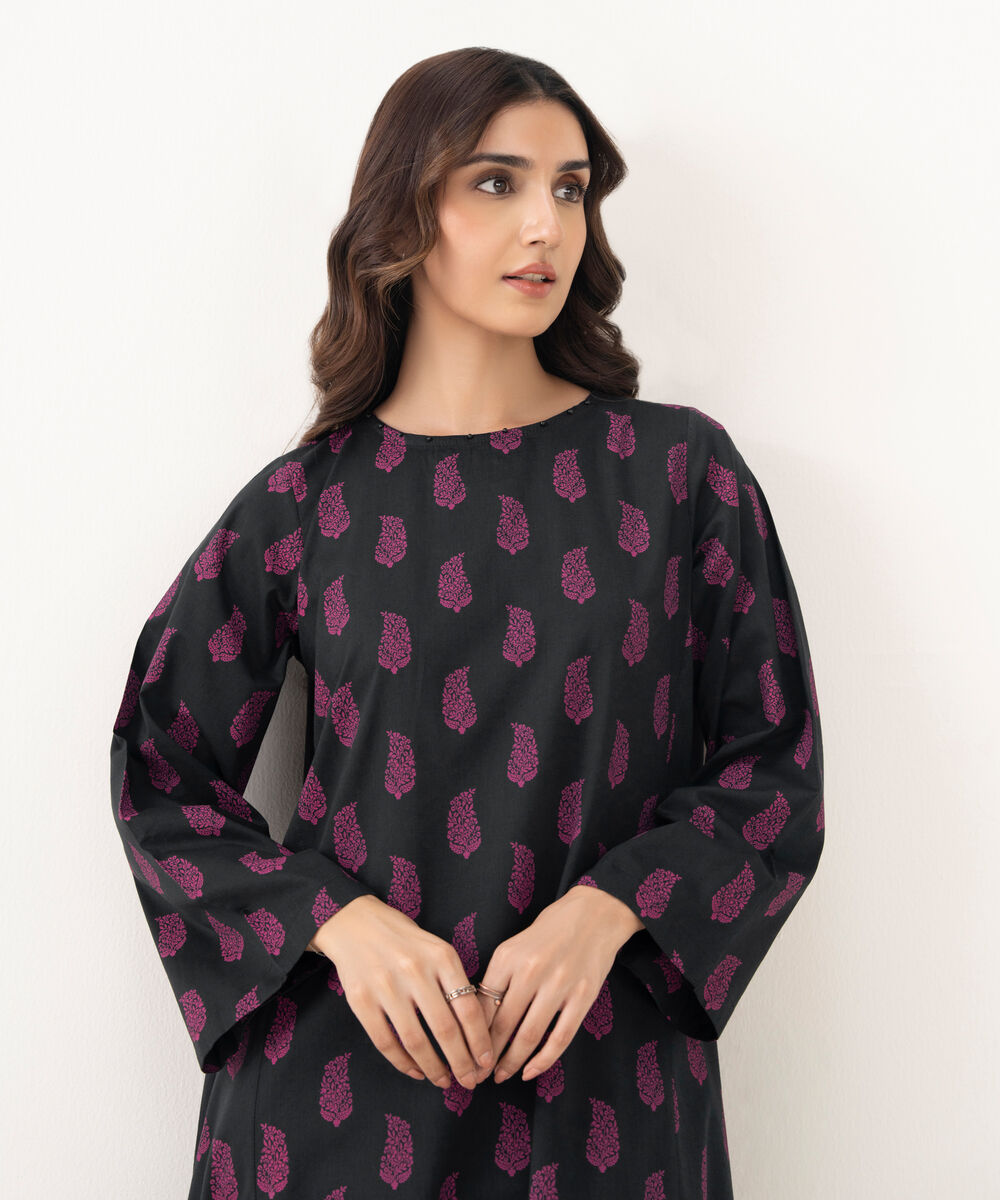 Women's RTW Cotton Viscose Printed A-Line Black Shirt