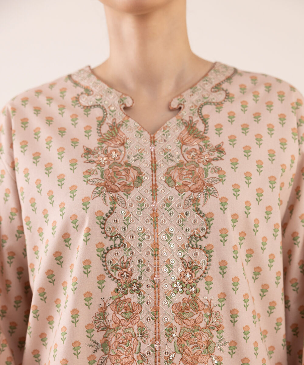 Women's Unstitched Cotton Embroidered Peach Three Piece Suit