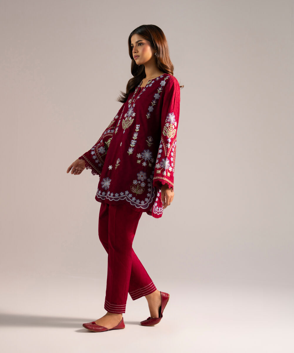 Women's RTW Self Jacquard Embroidered Red 2 Piece Suit