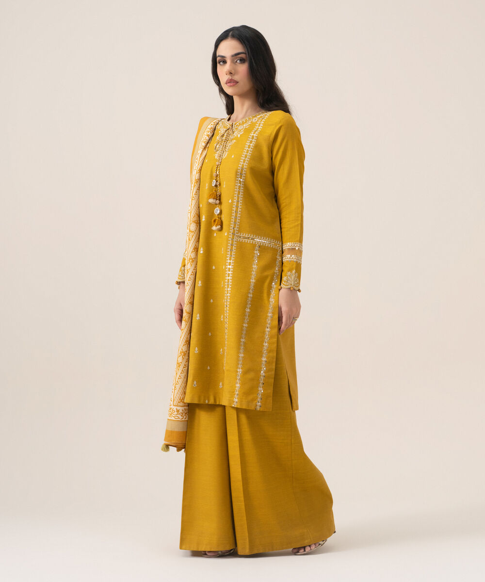 Women's Unstitched Basic Khaddar Embroidered Yellow 3 Piece Suit