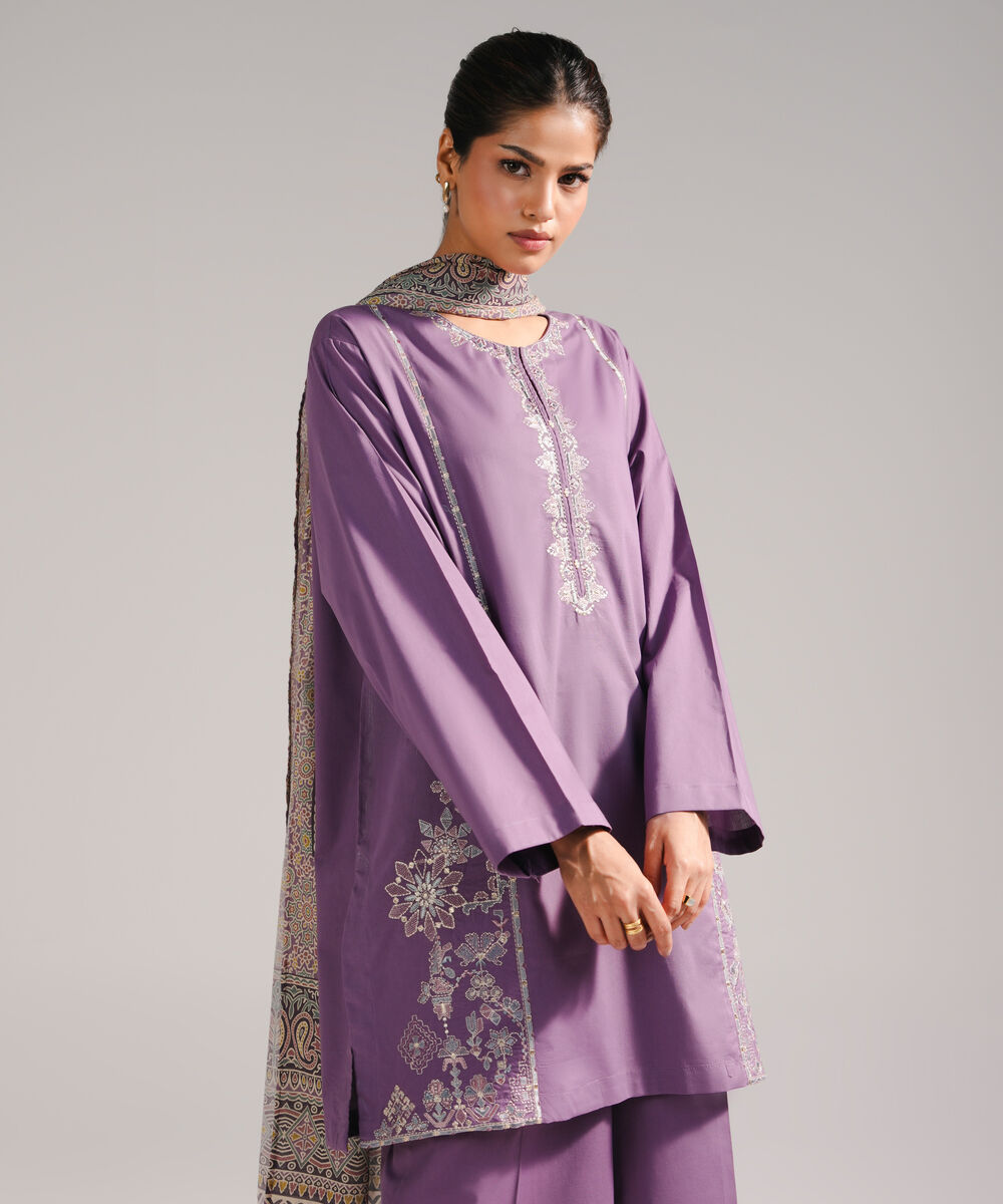 Women's RTW Lawn Embroidered Purple 3 Piece Suit