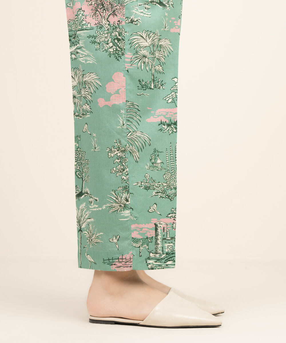 Women's RTW Cotton Viscose Printed Green Straight Pants