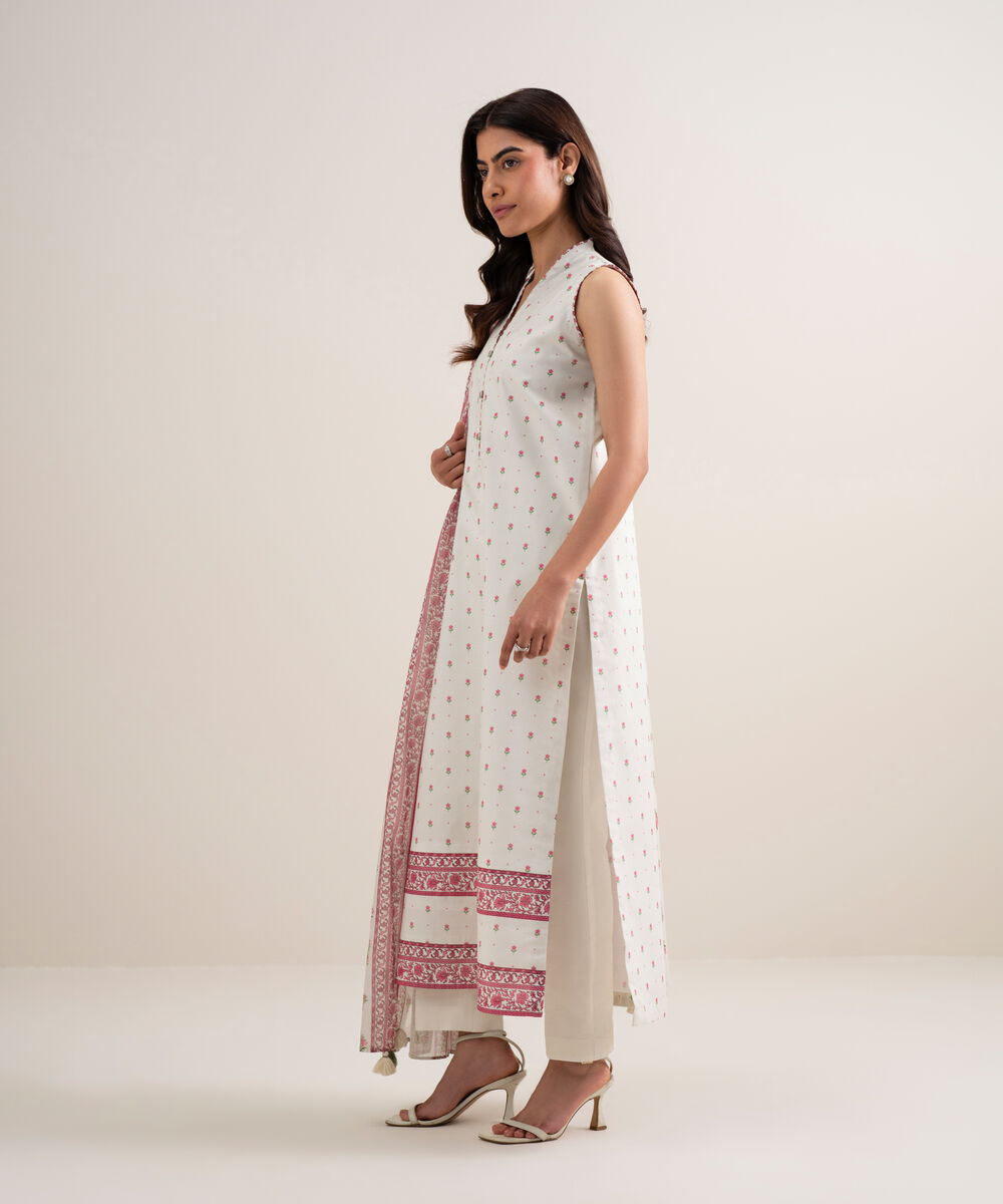 Women's Unstitched Lawn Printed Off White 3 Piece Suit