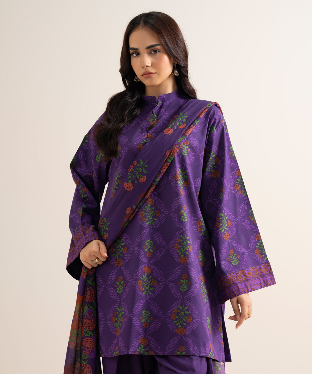 Women's Unstitched Printed Lawn Purple 3 Piece Suit