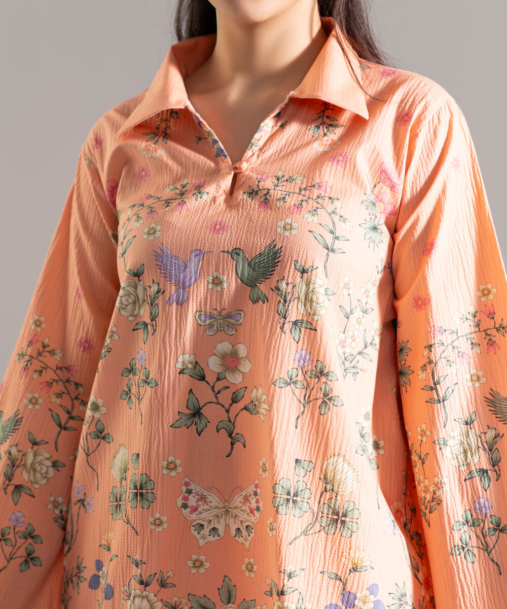 Women's RTW Seersucker Printed Peach 2 Piece Suit