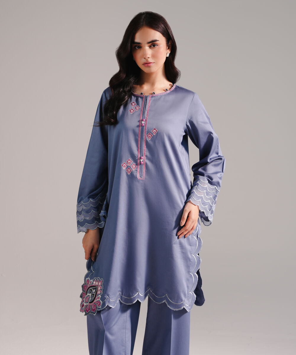 Women's RTW Cotton Satin Embroidered Steel Blue 2 Piece Suit