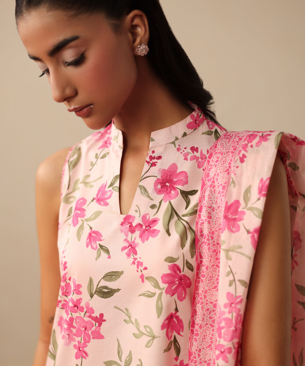 Women's Unstitched Lawn Printed Pink 3 Piece Suit